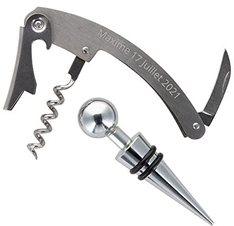 Coffret 2 pièces sommelier en inox personnalisé gravé. Coffret composé d'un bouchon et d'un tire bouchon inox argenté – Gravure texte sur le tire bouchon