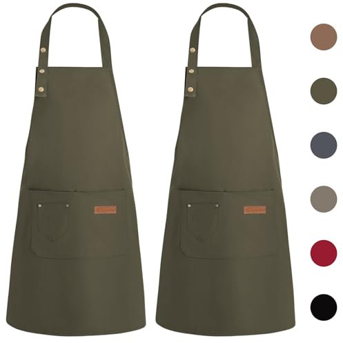 WENYA Paquete de 2 delantales de cocina unisex ajustables con bolsillos, delantal de lona impermeable para casa, cocina, restaurante, cafetería, verde oscuro, tamaño único
