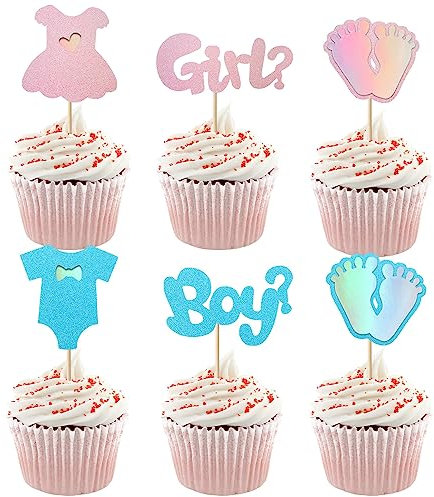 SYKYCTCY 24 Pack Boy or Girl Cupcake Toppers Gender Reveal Cupcake Picks Glitter Onesie Jumpsuit Cake Toppers Bow Tie Cake Decorations for Baby Shower Kids Birthday Theme Party Gradient