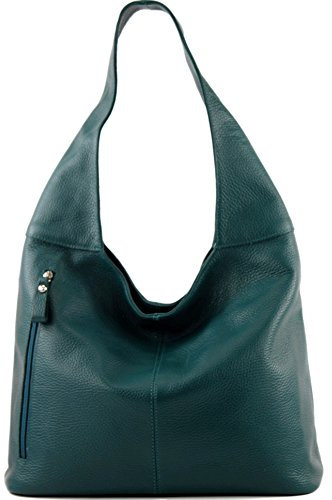 modamoda de T155 Damen Leder Shopper Schultertasche Large handmade in Italy, Farbe:Petrol