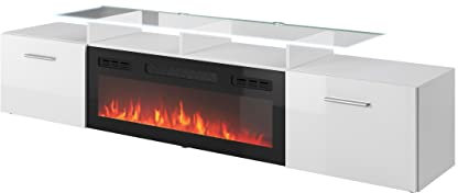 Fernsehschrank Rova mit elektrischem Kamin Lowboard Unterschrank 2 Klappen Weiß, 197x48x37
