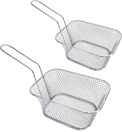 Silbernes Mini-Pommeskorbnetz, Edelstahl, quadratisch, Pommes Filter, Hühnerflügel, gebratenes Essen, Tisch, Servierhalter für Küche, Restaurant, Party, Grill (2 Stück)