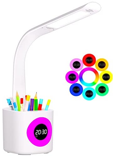 YOUKOYI LED 10W Lampe de Bureau/de Table/ de Chevet Eye Caring avec Porte-Stylo avec Reveil Enfant Affichage LCD Minuteur 4 Modes USB Lampe Lecture pour Chambre, Silicone, Multicolore