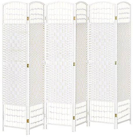 HOMCOM Biombo de 6 Paneles Separador de Ambientes Plegable 242x170 cm Divisor de Habitación de Fibra de Papel y Marco de Madera Decoración Elegante para Dormitorio Salón Blanco