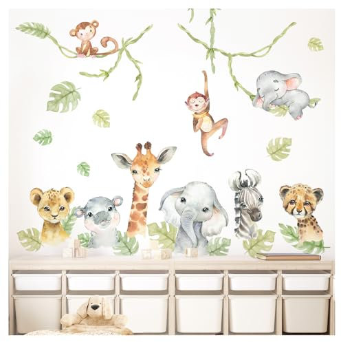 DEKO KINDERZIMMER Wandtattoo Dschungeltiere Wandsticker Löwe Elefant Giraffe Kinderzimmer Wandaufkleber Safari Wanddeko DK1027-4