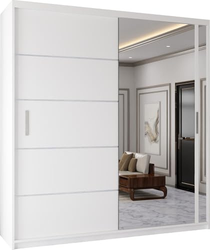 MN Furniture Modern Double Sliding Door Wardrobe 2 Mirrored Hanging Rails & Shelves Storage Cabinet for Bedroom (White, 120cm)