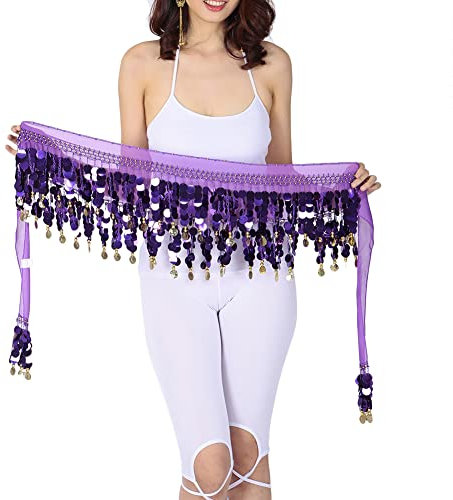 Hüfttuch Damen Bauchtanz Kostüm Pailletten Quaste Tanzt Wickelrock Hüfttuch mit Münzen Gürtel Röcke Belly Dance Taillenkette Kostüm,Lila,Einheitsgröße