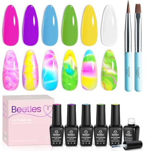 Beetles Gel Nail Polish Kit with 5 Colors, Summer Trendy Colors for Spreading Effect Marble Natural Stone Watercolor Floral Print Soak off Nail Gel Diy Nail Art Design Manicure