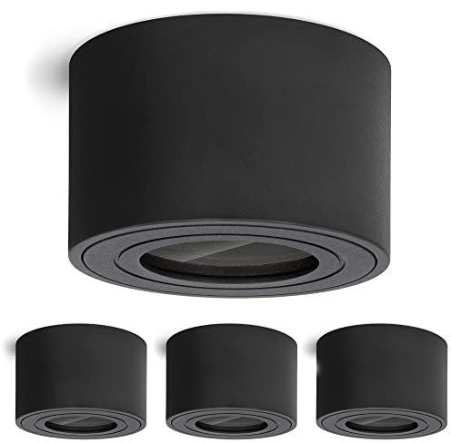 linovum 4 Stück Aufbauleuchte SMOL-W flach IP44 in matt schwarz & rund - Decken Aufbaulstrahler mit Ø 80 mm geeignet für LED Module