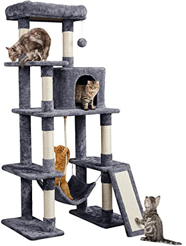 Yaheetech Albero Tiragraffi per Gatti 159,5 cm in Sisal e Truciolato per Gatti Gattini di Piccola e Media Taglia con Condominio Posatoio Amaca Grigio Scuro