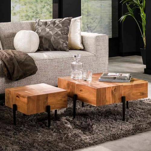 RINGO-Living Sofatisch Set aus Akazienholz - Vintage Wohnzimmertisch 2er Set für Deine Couch - Beistelltisch mit Ablage für Dein Sofa - Holz Satztisch Oval für Dein Wohnzimmer & Schlafzimmer