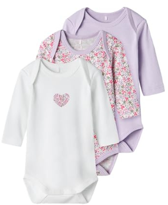 NAME IT Nbfbody 3p Ls Lilac Petit Flower Noos Body a maniche lunghe Bimba 0-24 (Pacco da 3)