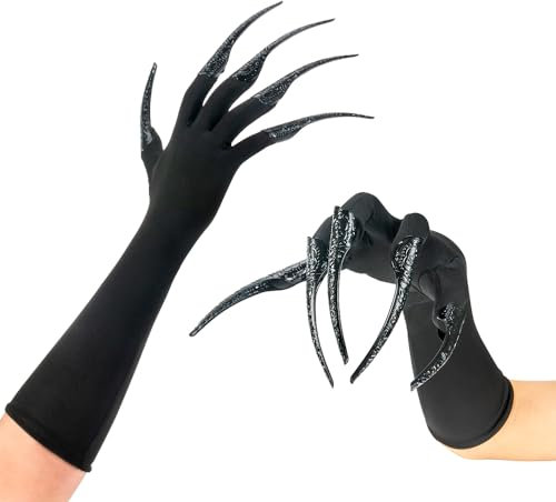 Xiao Cheng Ming Zhu Long Finger Claw Gloves Black Paw Gloves Scary Vampire Witch Demon Crow Halloween Cat Nail Rings Cosplay Costume Accessories for Women Costume (Gloves and, Gloves and 10 claws