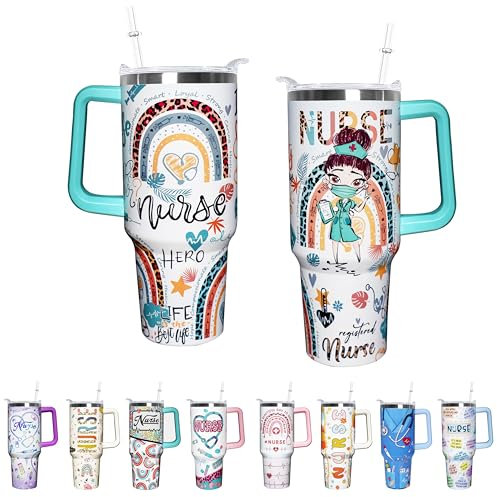 armdgodx Trinkbecher für Schule, Krankenschwestern, Geschenke für Frauen, mit Griff, Geschenke für Krankenschwestern, doppelt isoliert, Edelstahl, Reise-Kaffeetasse mit Deckel und Strohhalm, 1,2 l