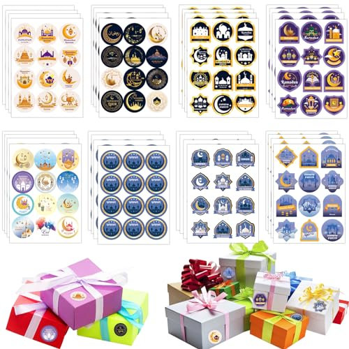 Eid Mubarak Aufkleber, 384pcs Ramadan Sticker, Ramadan Aufkleber, Party Dekoration Aufkleber, Muslim Selbstklebende Siegelaufkleber für Geschenkverpackung Runde Süßigkeiten Aufkleber Party Supplies