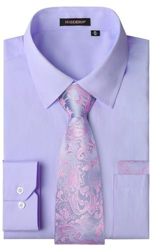HISDERN Camisas Hombre de Vestir Manga Larga Formal Lila Camisa y Corbata Color Sólido Elegante Boda 3XL