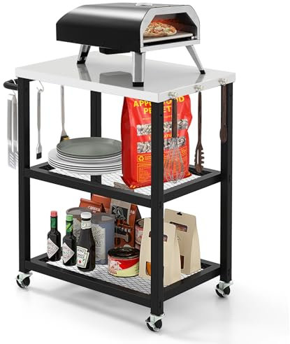 GOPLUS Desserte Plancha Barbecue en Métal avec Comptoir en Acier Inoxydable, 2 Étagères, 9 Crochets, Chariot de Jardin avec roulettes & Poignée, pour Jardin, Cour(72,5x41x80CM,Argenté)