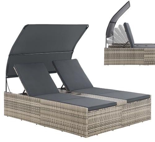 Juskys Chaise Longue Double en polyrotin Syros - Transat de Jardin pour 2 Personnes - Chaise d'extérieur avec auvent et Coussins - Appuie-tête réglable - Gris chiné