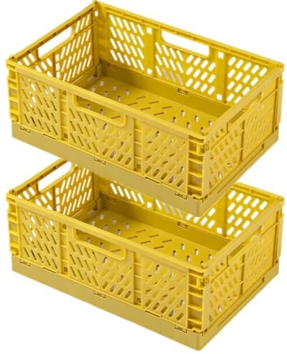 EURXLQ 2Pcs Caja Plegable Plastico Cajas Organizadoras Caja de Almacenamiento Portátil Adecuado para Oficinas, Cocinas, Baños, Habitaciones Almacenaje Plegables de Plástico (Amarillo, 30×20×12 cm)