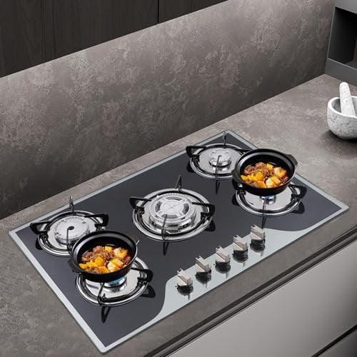 DSYOGX Black Glass Hob with 5 Burner Built-in Gas Burner Included 5 LPG/NG Gas Nozzles, Automatic Battery Pulse Ignition