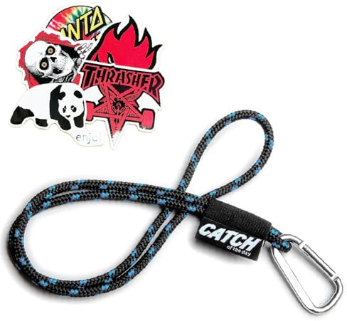 SKATES LANYARD Mehrzweck-Schlüsselanhänger oder Armband mit Metallkarabiner für Schlüssel Gadgets – Dicke 8 mm bunt robust und 4 lässige Aufkleber, Schwarz und Blau., One size