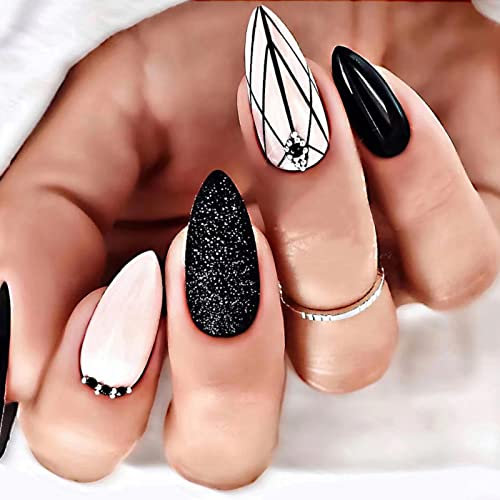 JUSTOTRY 24 Pcs Striped Almond Press on Nails Designs,White and Black French False Nails Short,Pretty Glitter Stick on Nails for Women,Medium Oval Fake Nail for Nail Art