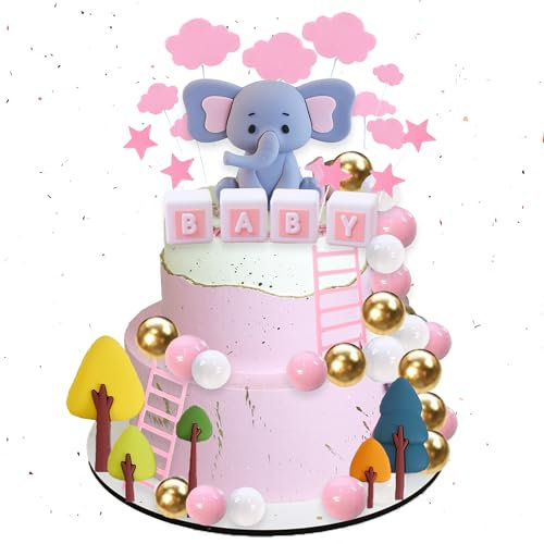 Elephant Baby Shower Cake Toppers - Baby Girl Cake Topper Mini Pink Gold White Foam Cake Balloons Star Cloud Ladder Trees Baby Letter Cupcake Toppers for Gender Reveal Party Supplies