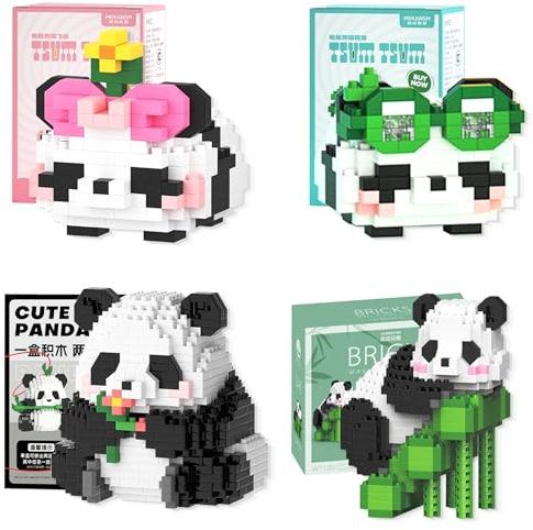 LURNODY 4 Stücke Panda Bausteine Set, 2 in1 Mini Tiere Bausteine Set, Panda Klemmbausteine Building Block Set, Robust Und Stabil, Panda Geschenk, Geeignet Zum Basteln für Kinder und Erwachsene