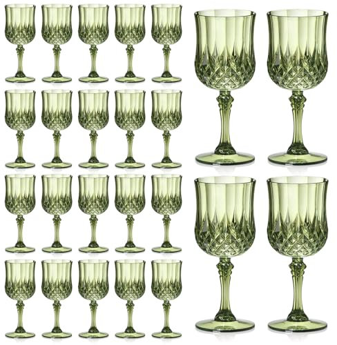 XUWAIDSGN 7oz Plastic Vintage Wine Glasses Drinking Glasses Unbreakable Wedding Glassware Crystal Water Goblets Reusable Drinkware Vintage Champagne Flutes (24, Dark Green)