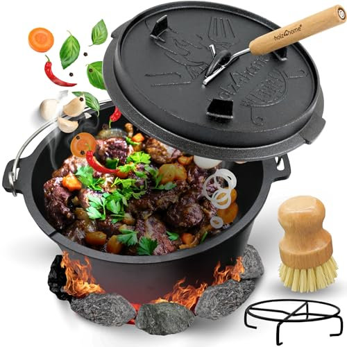 holz4home® Dutch Oven Set [12L, Mit Füßen] I Eingebrannter Feuertopf Gusseisen I Schmortopf mit Deckelheber und Zubehör I Dopf Kochtopf Bräter für Garten Lagerfeuer Camping