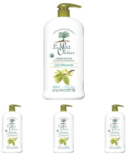LE PETIT OLIVIER - Crème Douche Extra Douce & Hydratante - Lait D'Amande - Pour Toute La Famille - PH Neutre Pour La Peau - Sans Savon, Sans Colorant - Fabriqué En France - 750 ml (Lot de 4)