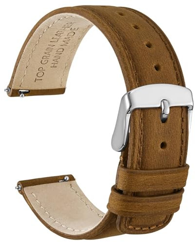 WOCCI 18mm Uhrenarmband für Herren und Damen, Echtes Leder - Top Genarbtes Leder, Schnellverschluss, Silberne Schnalle (Kamel)