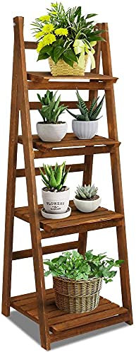 4 Tier Foldable Wooden Ladder Plant Stand Shelf for Garden and Home Decor