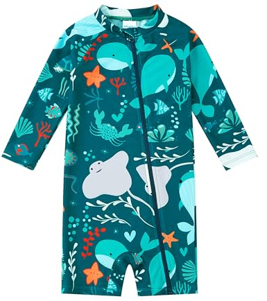 upandfast Bañadores de Una Pieza para Niño Bebé con Diseño de Ballena - Traje de Baño con Manga Larga Protección UV UPF 50+ y Cierre Cremallera Frontal 9-12M