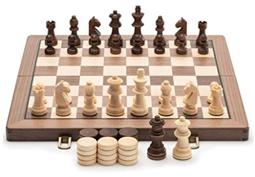 TOTIKI Chess Set 15-Zoll-Walnuss-handgefertigte Schach-Checker-Holzset mit 2 zusätzlichen Queens, 2 in 1 Brettspiel mit Filzspiel-Board innen zur Lagerung Schachbrett