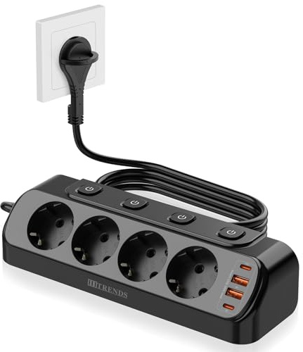 Tischsteckdose mit USB C(PD 20W),8 in 1 Steckdosenverteiler Flachstecker mit 3M Kabel für Smartphones,4-Fach Schaltbar, 2 USB-C, 2 USB-A,Steckdosenleiste Schreibtisch einzeln Schaltbar, Schwarz