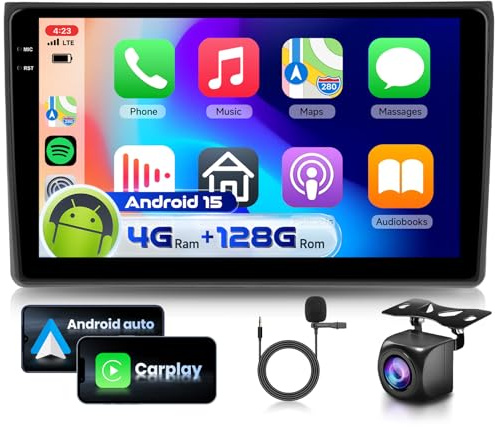 4G 128G VECHTEL 9 Bluetooth-Autoradio für Audi A4 2004-2008 Carplay Android Auto,Android 15,EQ,WiFi GPS,Mirror Link,RDS/FM Radio 2 Din mit AHD Rückfahrkamera