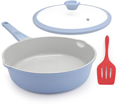 AIKENBBKK Keramik Pfanne 24 cm mit Deckel Antihaft Bratpfanne- Blau-grau | Keramikbeschichtung Schmorpfanne 28 cm mit Abnehmbarer Griff, Geeignet für alle Herdarten