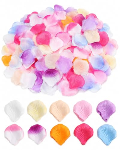 UKCOCO 2000 Pétales de Rose Artificiels en Soie Multicolores | Pétales de fleurs pour décoration de table. Parfait pour mariage, fête et Saint-Valentin, Résistant aux Intempéries