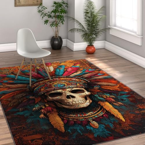 Via Vela Indian Skull Living Room Teppich 60x90cm Bunte Federn drucken große weiche waschbare Teppiche für das Schlafzimmer Leaping Southwestern Vorleger Innenbodenteppich Day of The Dead Home