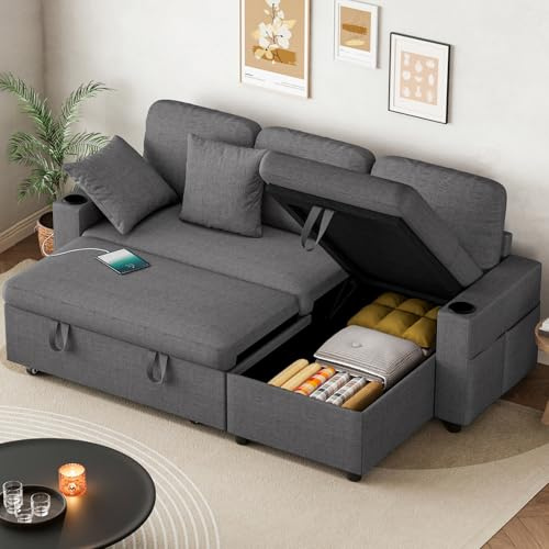 Corner Sofa Bed, L Shaped Pull Out Sleeper Sectional Couch Bed with USB & Type-C Ports, 3 in 1 Convertible Sofa Bed with Storage Chaise and 2 Cup Holders, 3 Seater Linen Sofa Couch for Living Room