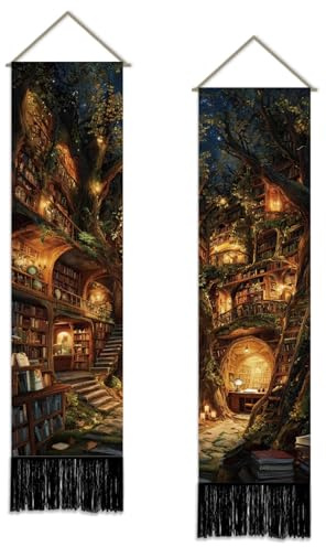 SUPERDANT Tree Bookshelf Wall Tapestry Set of 2 Fairy Treehouse Book Tapestries Polyester Wall Hanging Decor for Entryway Living Room Bedroom Narrow Spaces 130x33cm
