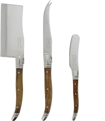 French Home Laguiole Cheese Knife Set – 3 Piece Stainless Steel Knives for Cheese with Olive Wood Handles – Includes Cleaver, Spreader & Fork-Tipped Spear – Elegant Gift-Boxed Charcuterie Accessories