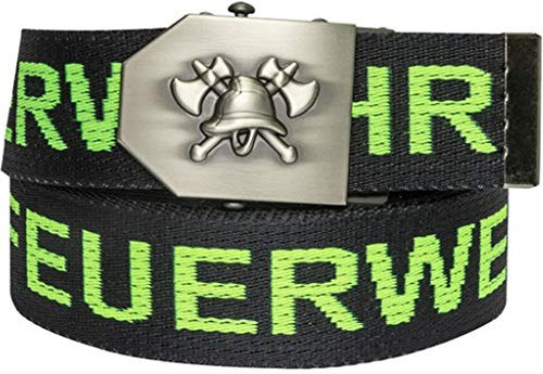 Feuerwehr-Gürtel mit Emblem und Flaschenöffner in Gürtel-Schnalle | Feuerwehr-Edition schwarz neongelb Signet | universal verstellbar 150cm | Männer Herren Frauen Damen Kinder | Einsatz Koppel |