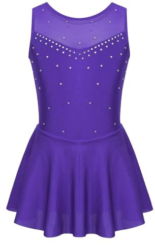 TiaoBug Vestito da Pattinaggio Artistico Bambina Abito da Balletto Body da Ballo Ballerina Skating Danza Ginnastica Leotard con Strass Tutu Senza Maniche 5-16 Anni Viola 13-14 anni