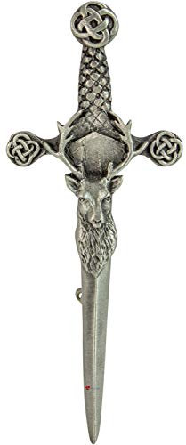 Hommes Broche de Kilt Pin Finition Antique Cerf Stag sur Claymore Épée Étain 4in Fabriqué en Ecosse