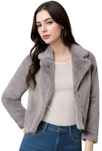 atokiss Warme Winterjacke für Damen, Kunstfell, Cropped-Jacke, Mantel, Revers, Kunstfell, flauschiger Mantel, Outwear, Grau, S