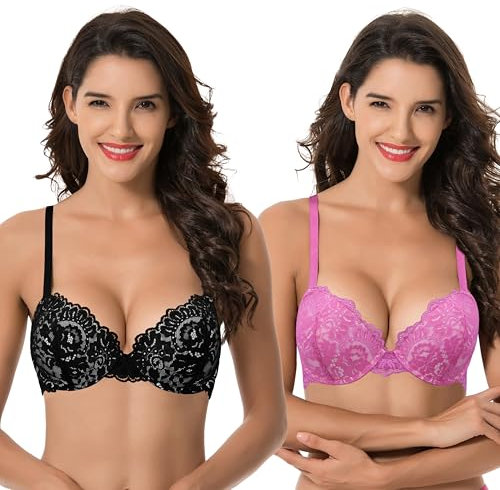 Curve Muse Women's Underwire Plus Size Push Up Add 1 and a Half Cup Lace Bras -2PK-Hot Pink,Black-32D (EU:70D)