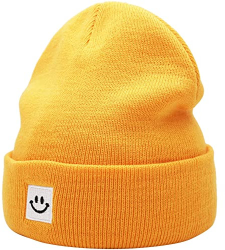 55cube Strick Beanie Mütze mit Smile Face Unisex, Solides Gelb, Einheitsgröße