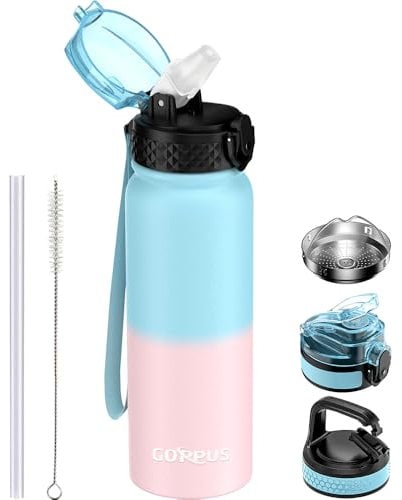 GOPPUS 600ml/20oz Stainless Water Bottle with Straw Double Wall Insulated Bottles with Strap Reusable Vacuum Thermal Flask Leakproof Keep Cold Drinks Bottles with Flip Top Lid for Men Women BPA Free